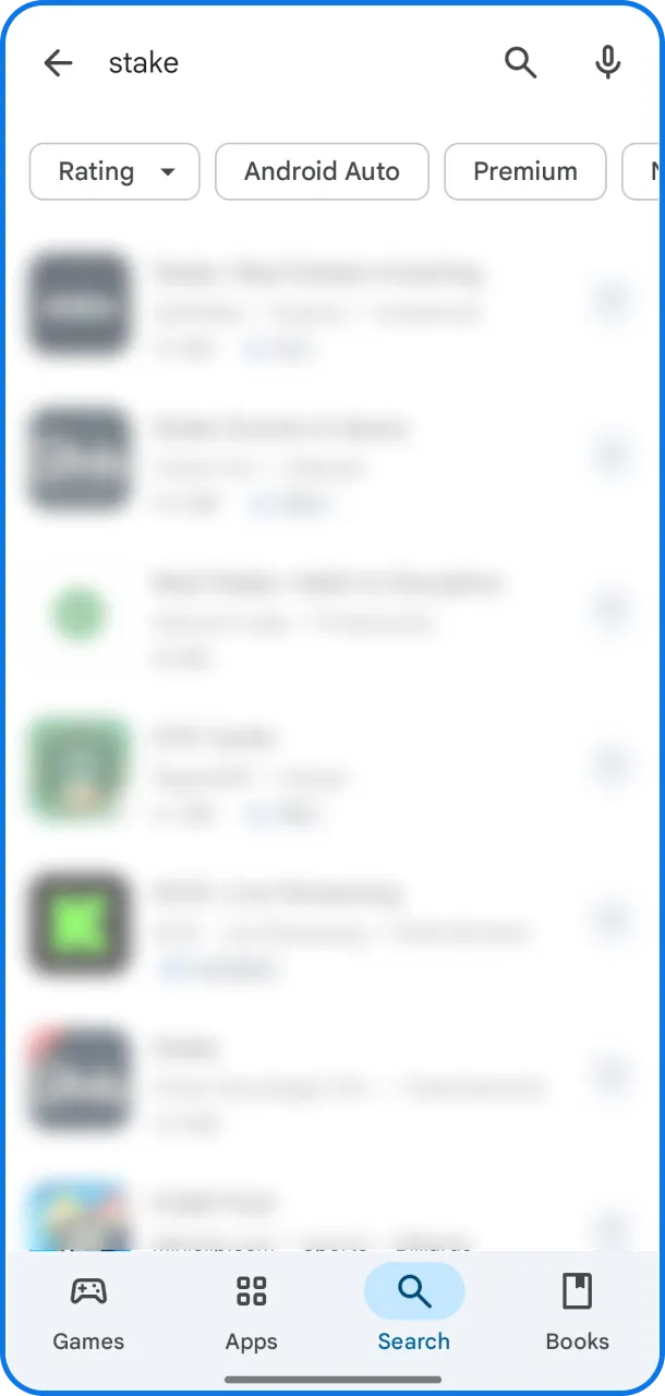Select the official app to begin on Stake.