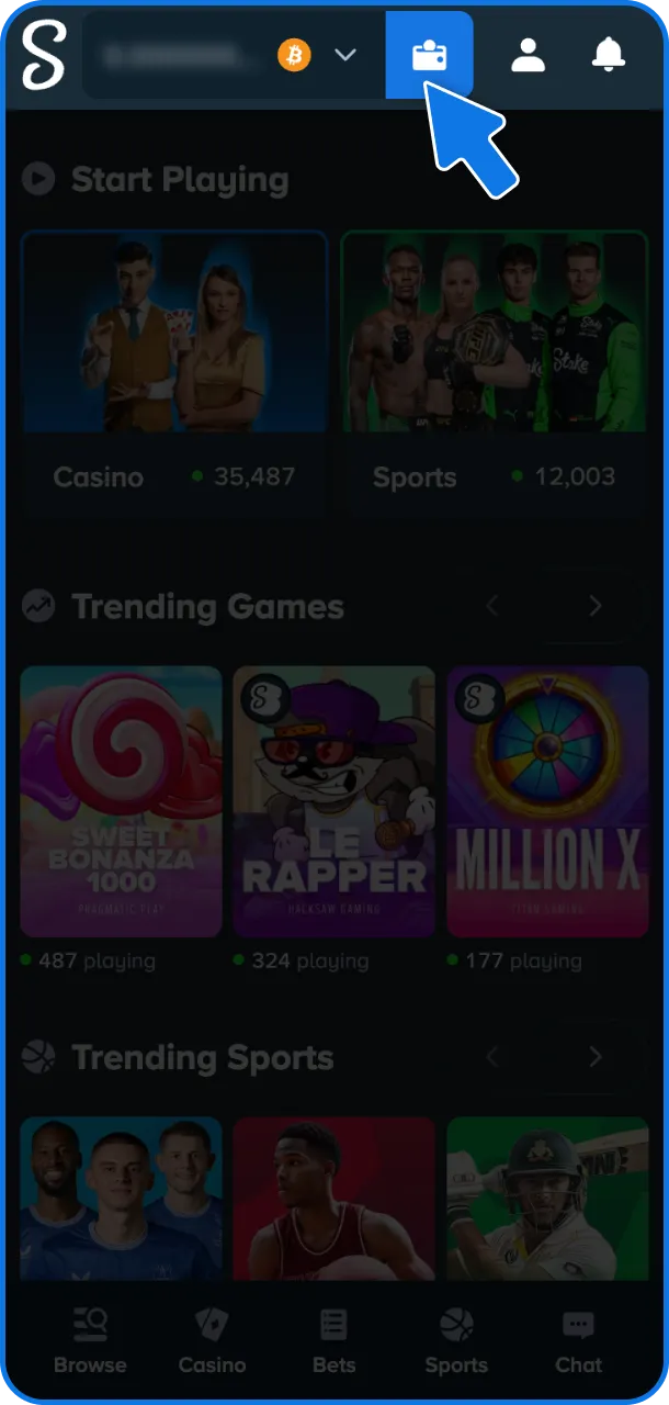 Open the wallet section to deposit on Stake.