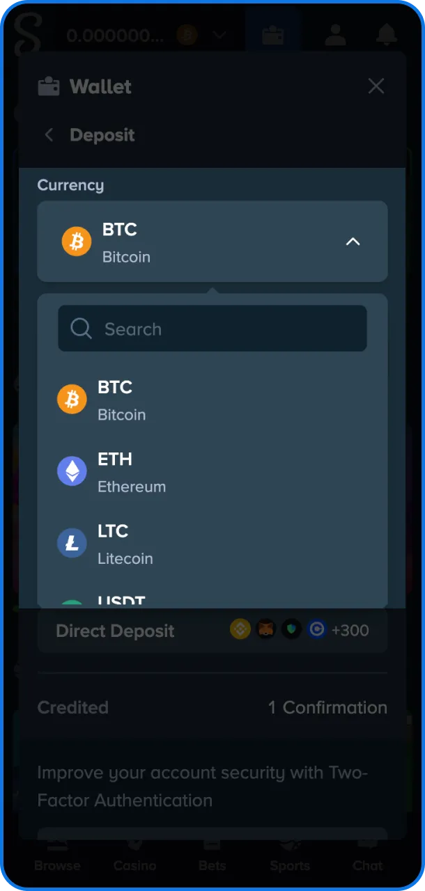 Select your currency and start playing on Stake.