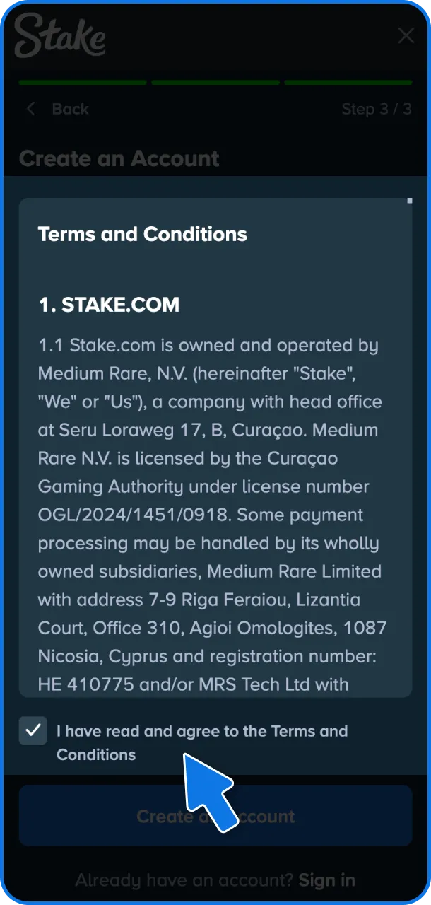 Confirm your account and join Stake action.