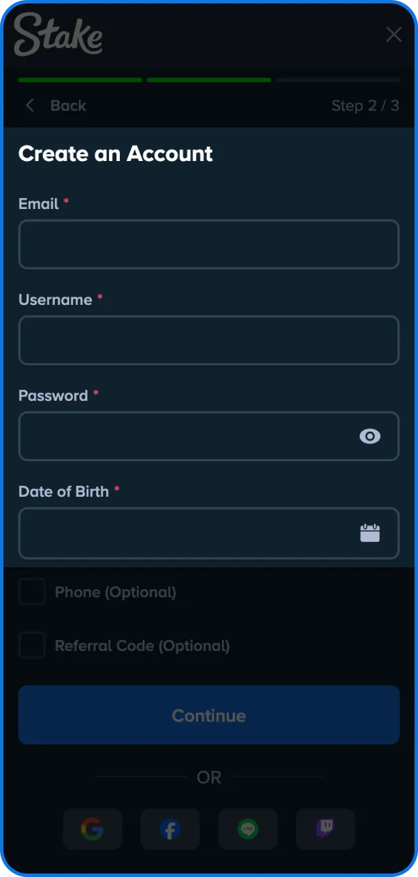 Fill details quickly to access Stake games.