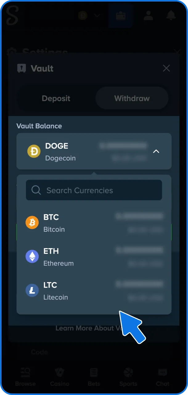 Choose your crypto to withdraw from Stake.