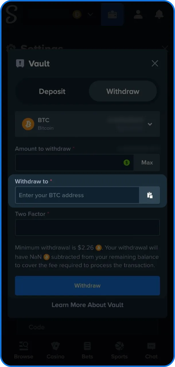 Enter your wallet address to withdraw from Stake.