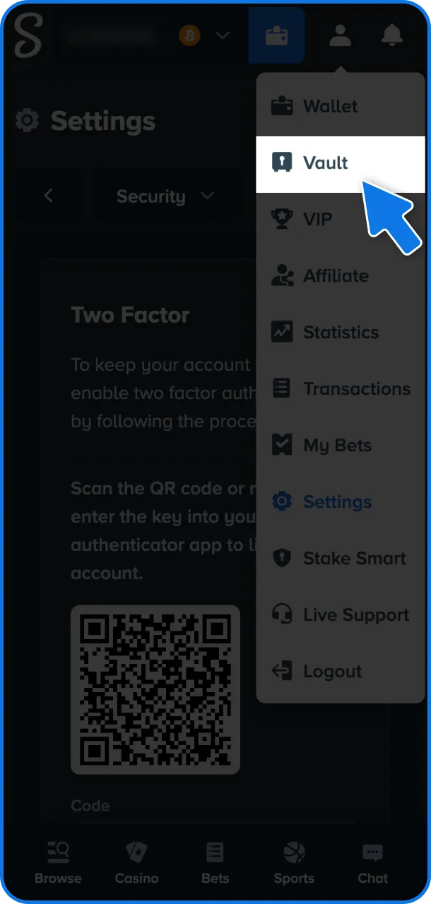 Open the wallet section to withdraw on Stake.