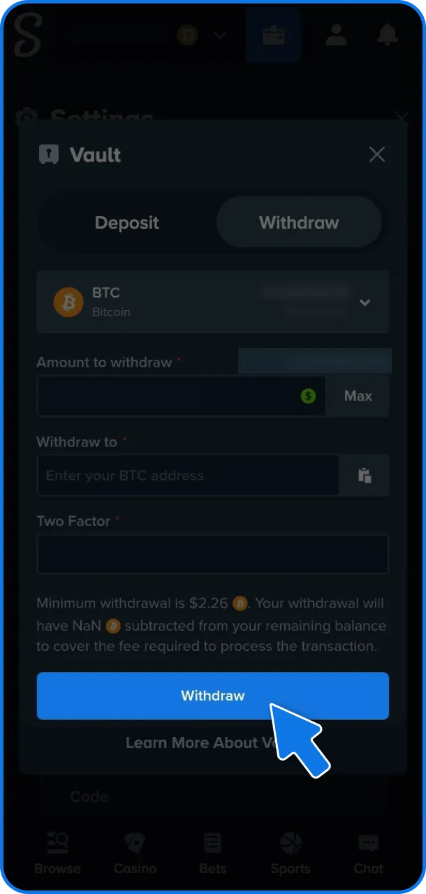 Submit your request and collect winnings on Stake.