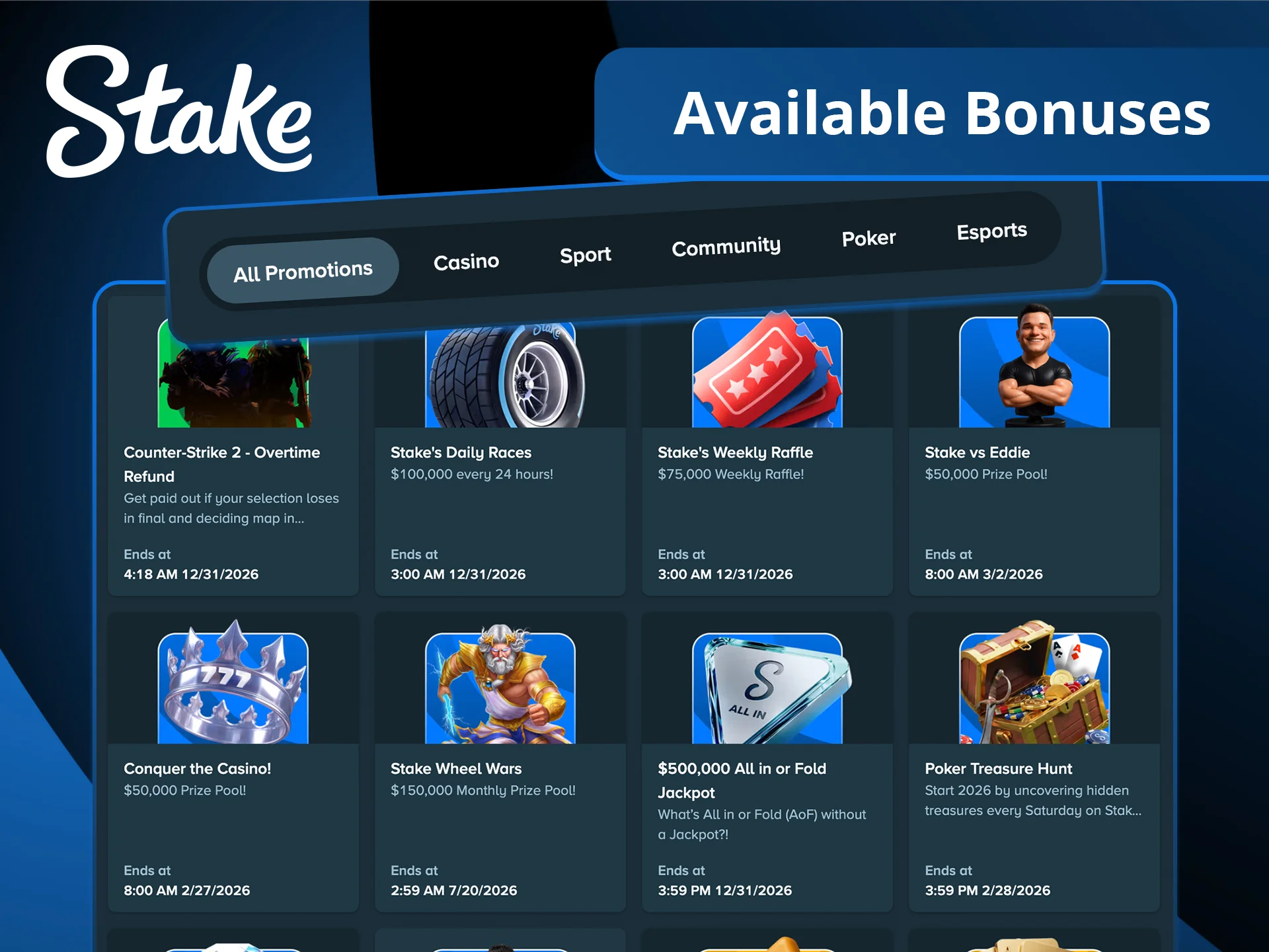 Explore the variety of Stake bonuses available for both casino and sports fans.