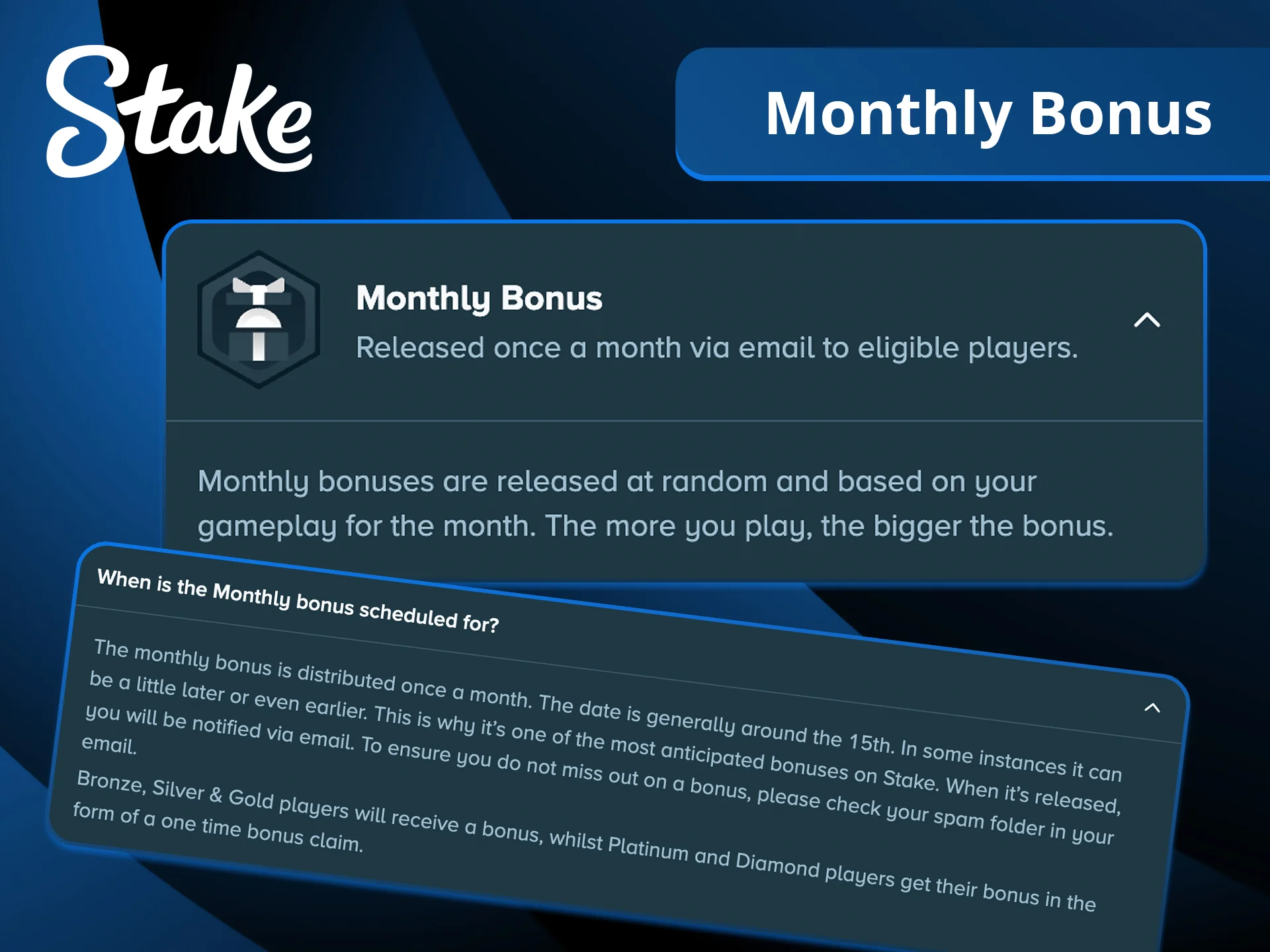Check your email and notification bell to get your Stake monthly bonus.