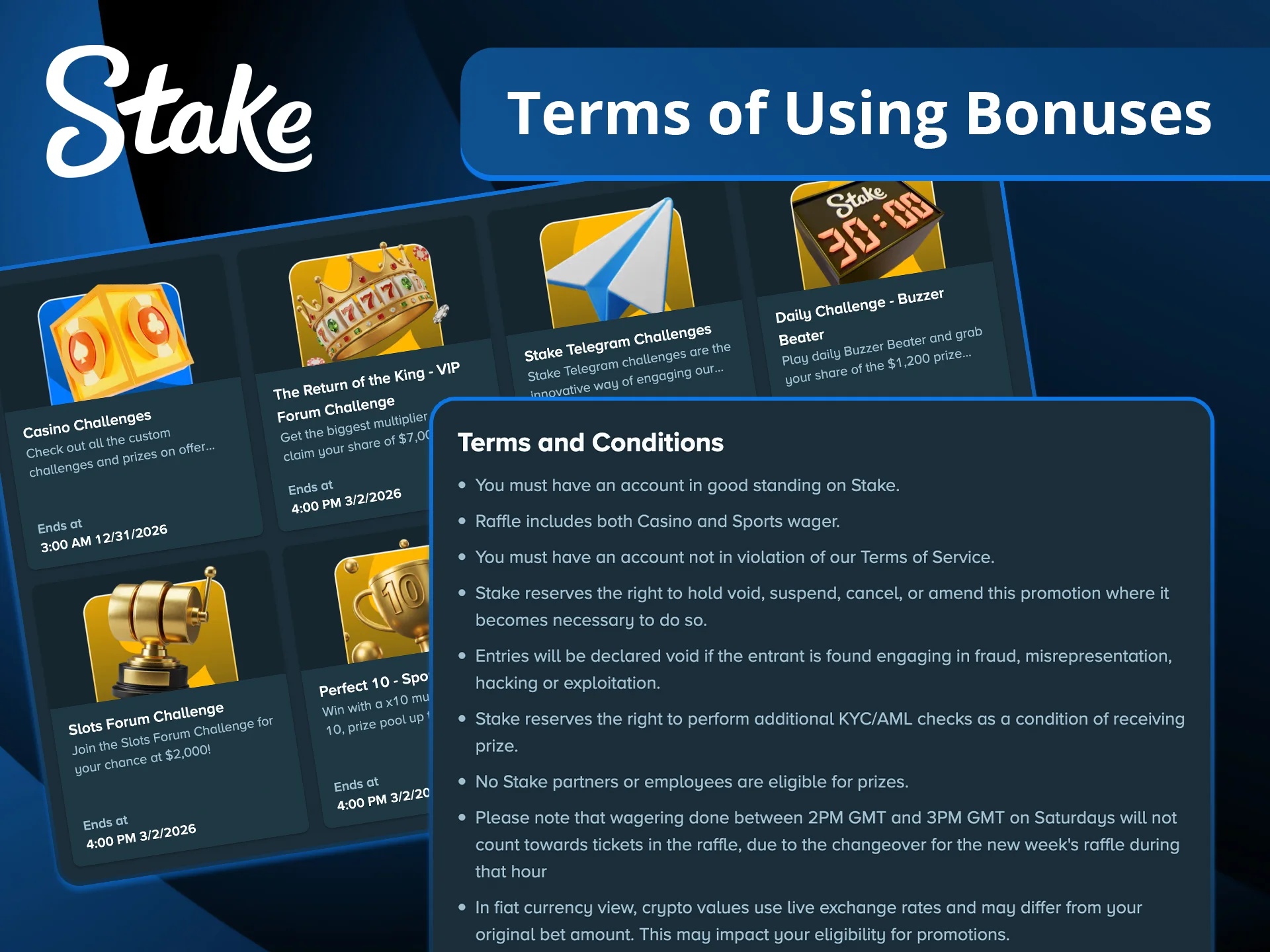 Make sure to understand the terms of using Stake bonuses before you play.