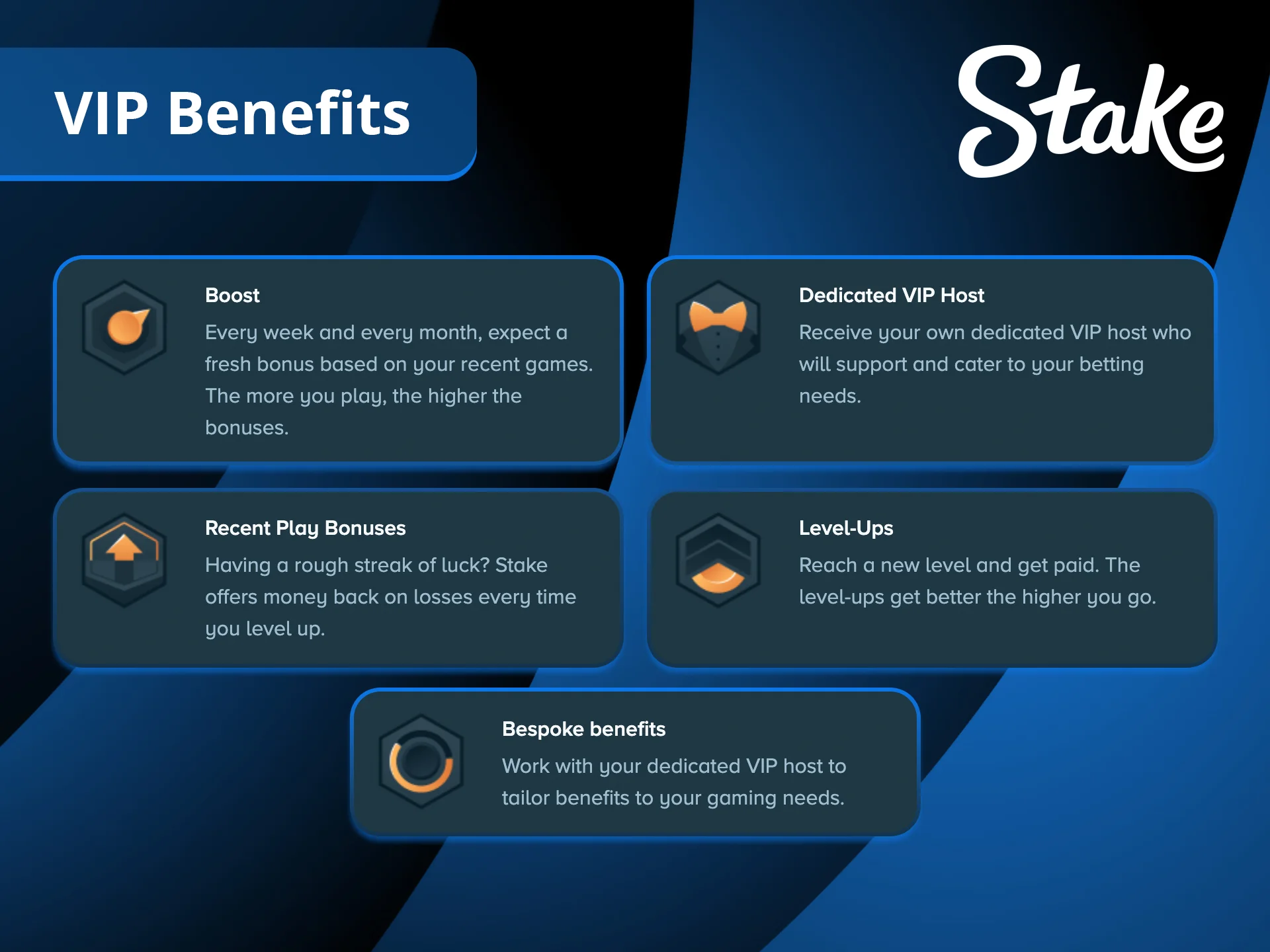 Discover the core Stake VIP benefits you can expect as a loyal player.