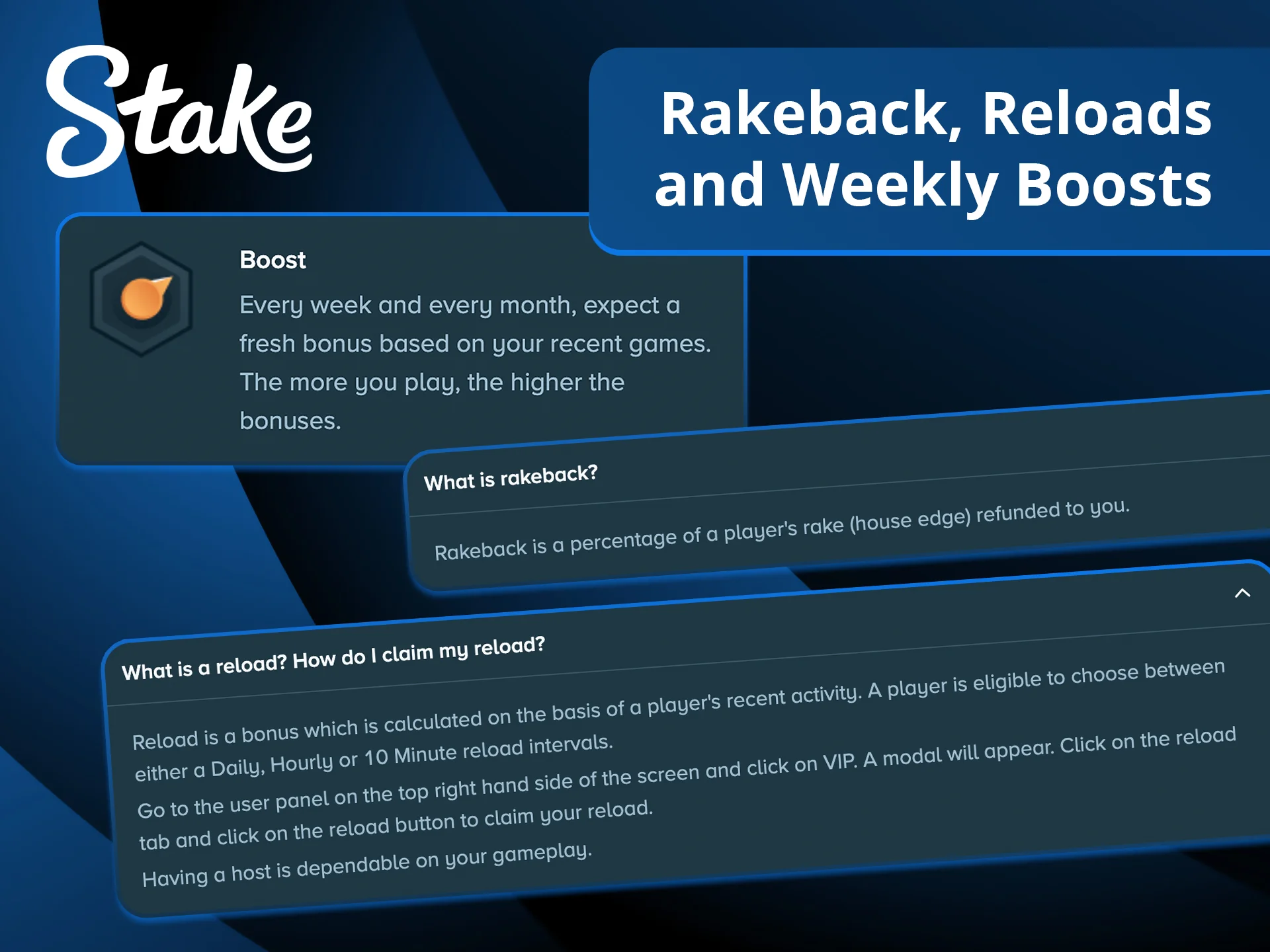 Maximize your returns with Stake rakeback, reloads, and weekly boosts.