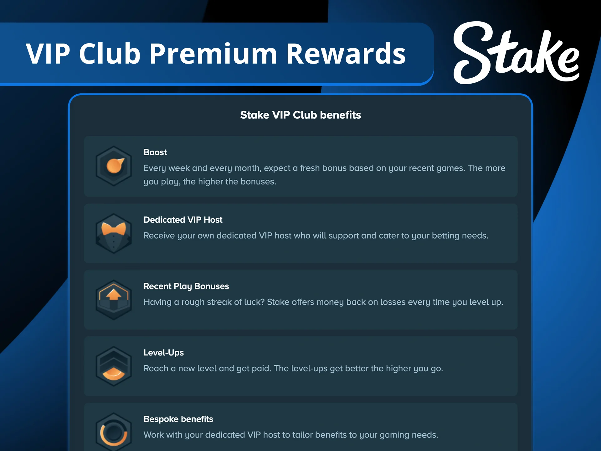 Enter the Stake VIP club and enjoy premium rewards and faster payouts.