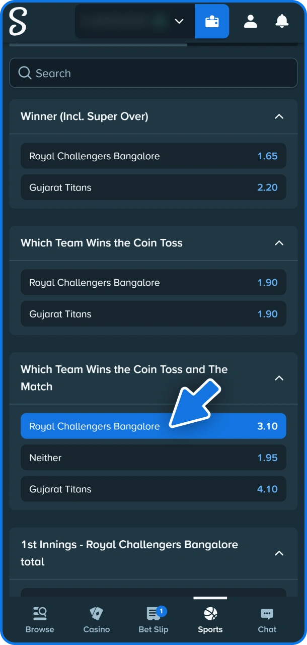 Tap on market to add it to your bet slip at Stake sportsbook.