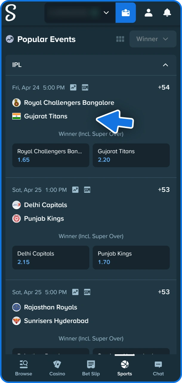 Choose sports event at Stake sportsbook.