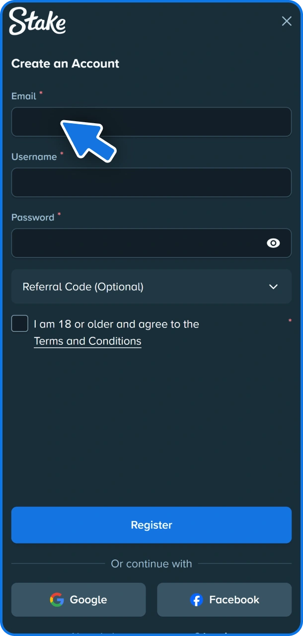 Create your Stake account to start betting on sports.