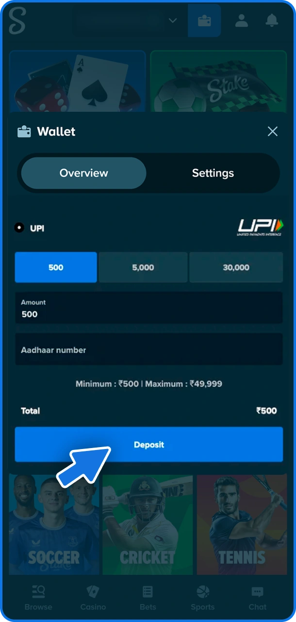 Make your first deposit for sports betting at Stake.