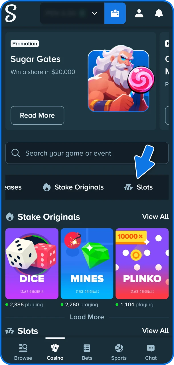 Navigate to slots under the casino section to browse through the extensive library of titles.