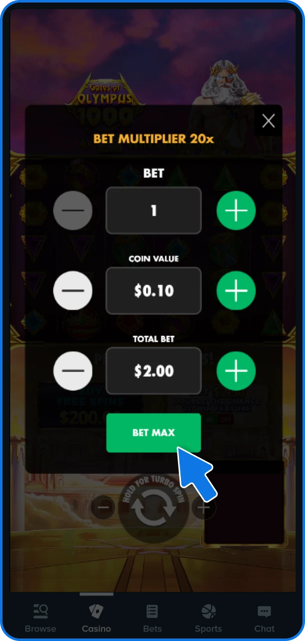 Set your bet size per spin using the in-game control buttons to match your bankroll.