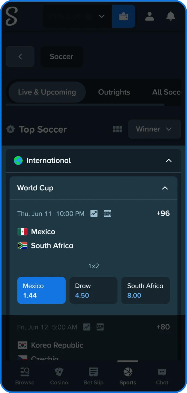 Choose a match in the sports section by browsing through the extensive live and upcoming soccer markets.