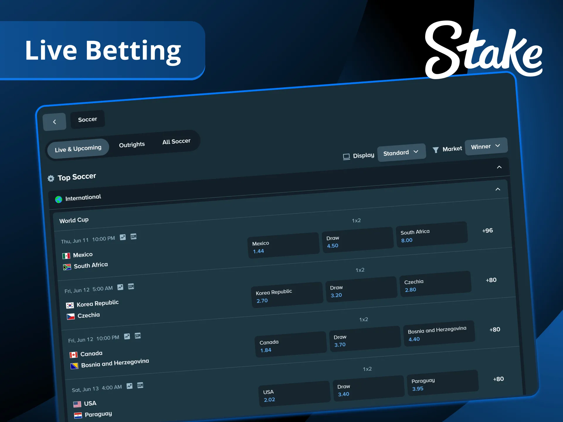 Place real-time wagers with live soccer betting on Stake and capitalize on shifting odds as the action unfolds.